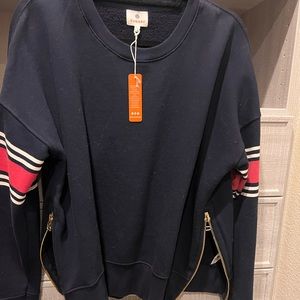 Sundry navy sweatshirt with striped sleeve and zip at sides